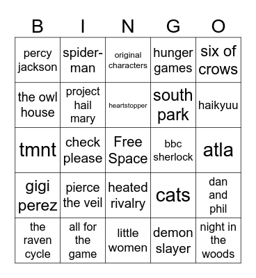 my fandoms/interests bingo Card