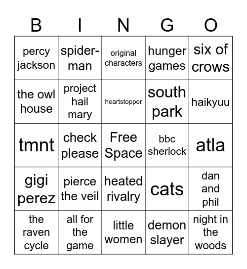 my fandoms/interests bingo Card