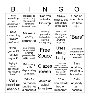 Tristan Bingo Card Bingo Card