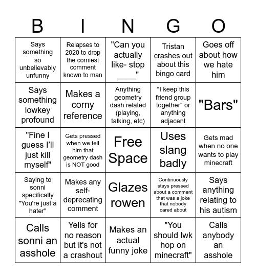 Tristan Bingo Card Bingo Card