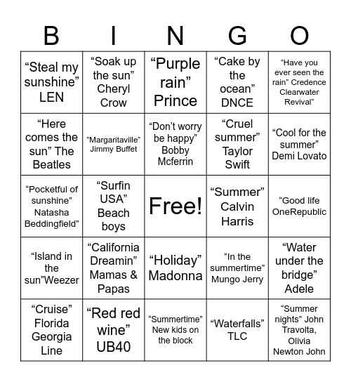 Summer, Sand and Sunshine Bingo Card