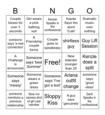 Love island Bingo Card