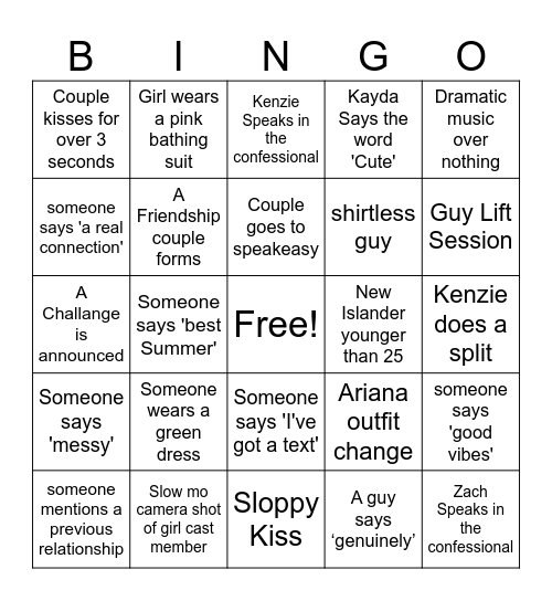 Love island Bingo Card