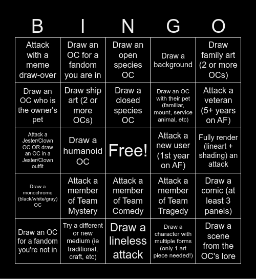 Ashes AF '26 Bingo Card