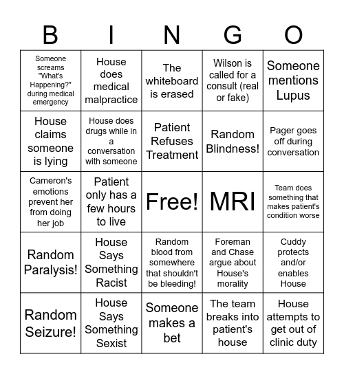 House M.D. Season 1 Bingo Card
