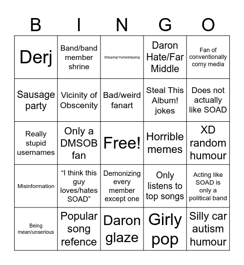 SOAD Poser Bingo Card