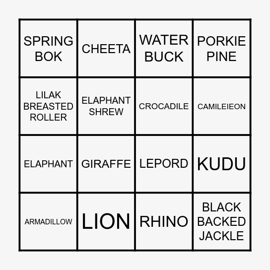 AFRICAN ANIMALS BINGO Card