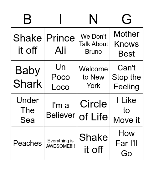 Childrens Movie Muisc Bingo Card