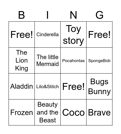 Songs from cartoons Bingo Card