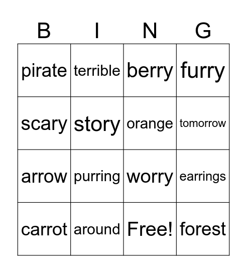 Medial /r/ Bingo Card