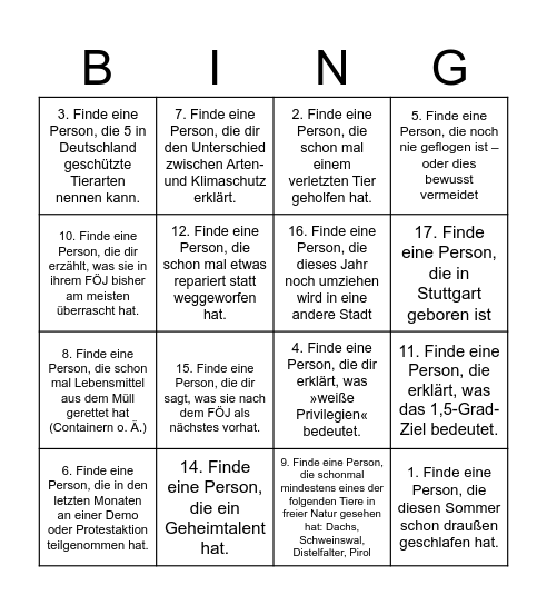 FÖJ Bingo Card