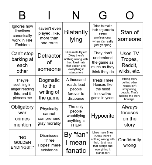 Three Houses "Fan" Bingo Card