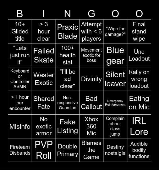 More D2 Bingo Card