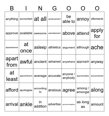 Words 1-50 Bingo Card