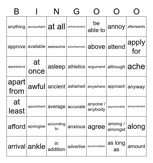Words 1-50 Bingo Card