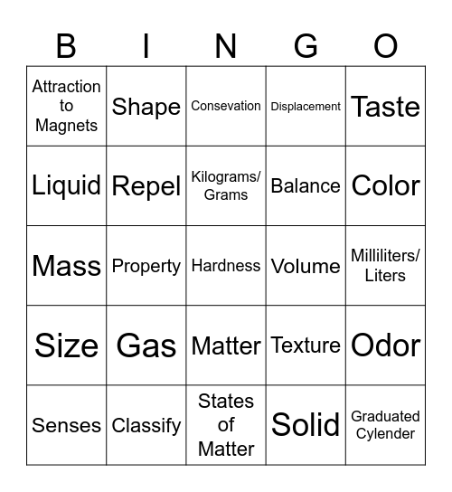 Properties of Matter Bingo Card