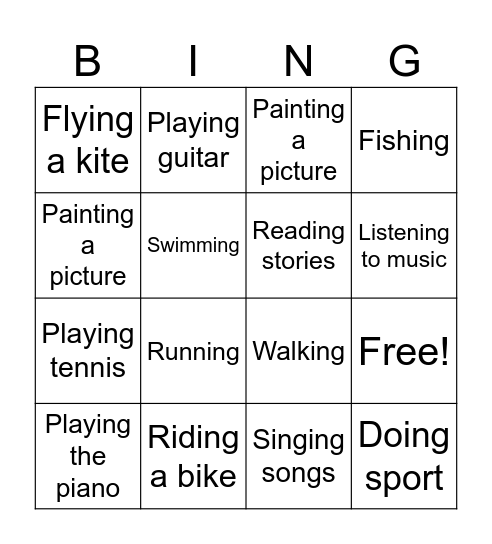 Hobbies Bingo Card