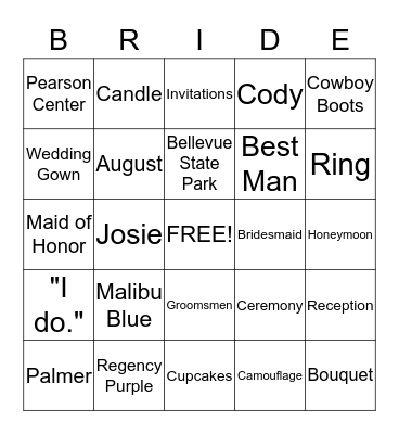 Josie's Bridal Shower - Bridal Bingo Card