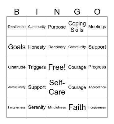 Recovery Bingo Card