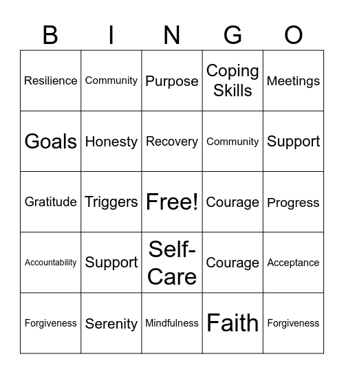 Recovery Bingo Card