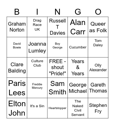Fifty Pride Bingo | British Icons & Pop Culture Bingo Card