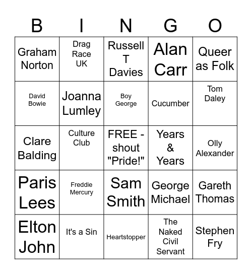 Fifty Pride Bingo | British Icons & Pop Culture Bingo Card