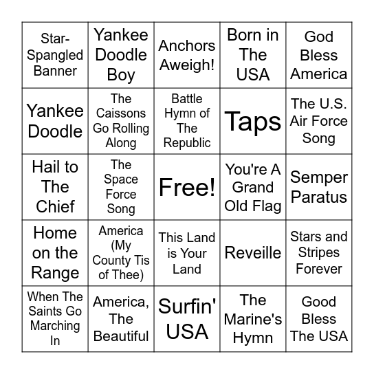 Patriotic Music Bingo Card