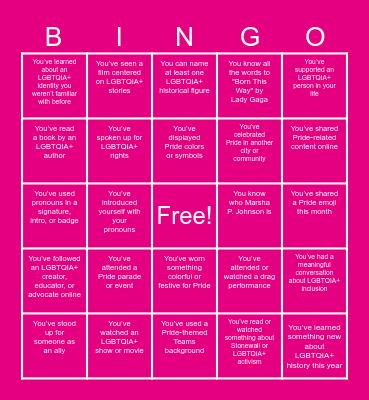 Pride Bingo 2026 Bingo Card