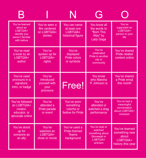 Pride Bingo 2026 Bingo Card