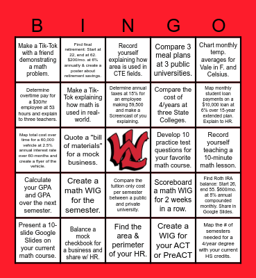 Math Matters Bingo Card