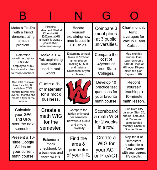 Math Matters Bingo Card