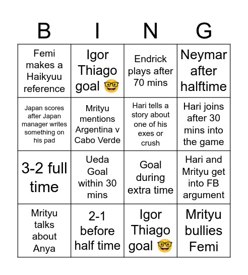 Brazil v Japan Bingo Card