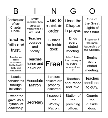 "Stars, Squares & Sisterhood" OES Bingo RVC Bingo Card