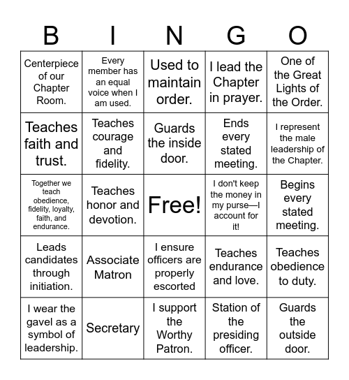 "Stars, Squares & Sisterhood" OES Bingo RVC Bingo Card