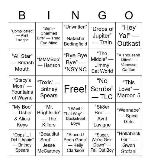 90s & 2000s Throwback Table Bingo Card