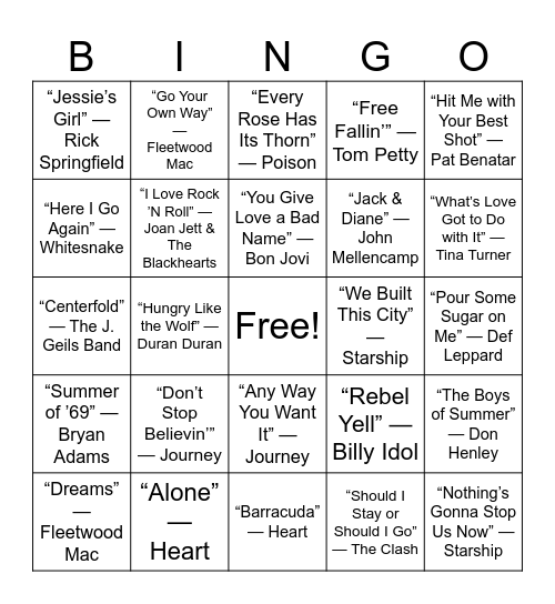Dad Rock vs. Mom Pop Bingo Card