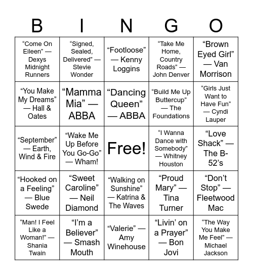 Wine Glass Sing-Alongs Bingo Card
