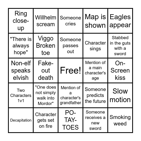 LOTR Rewatch Bingo Card