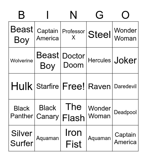 Superhero Bingo Card
