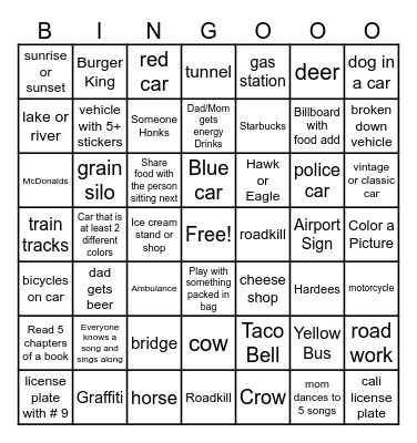 MN Car Trip Bingo Card