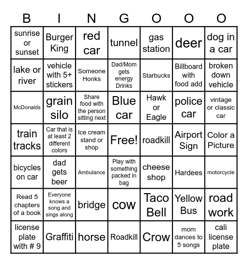MN Car Trip Bingo Card