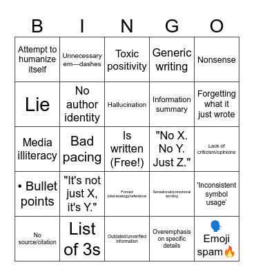 AI Writing Signs Bingo Card