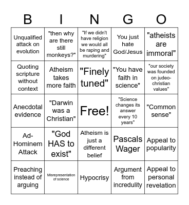 Shitty Theist Bingo Card