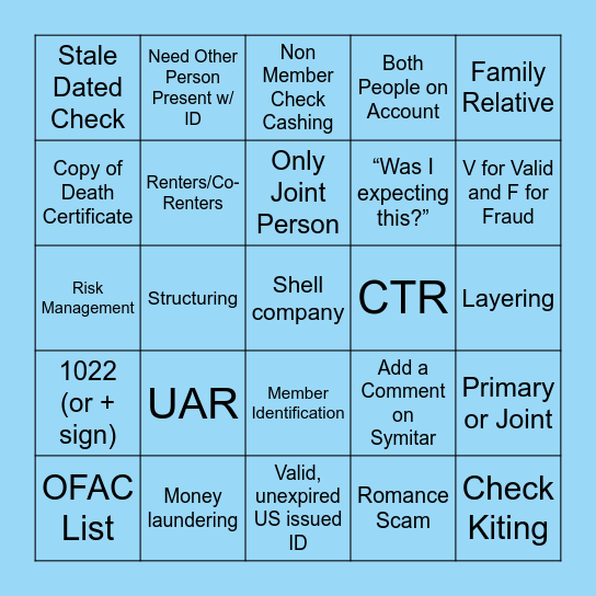 Safety/Security Bingo Card