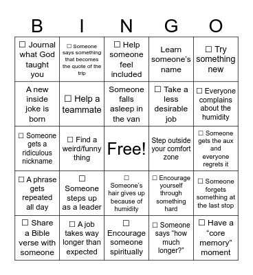 Natives Trip Bingo Card