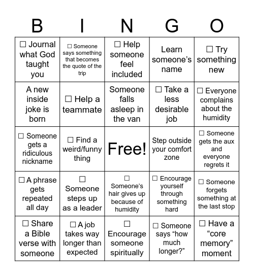 Natives Trip Bingo Card
