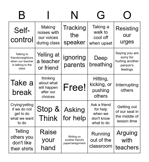Impulse Control Bingo Card