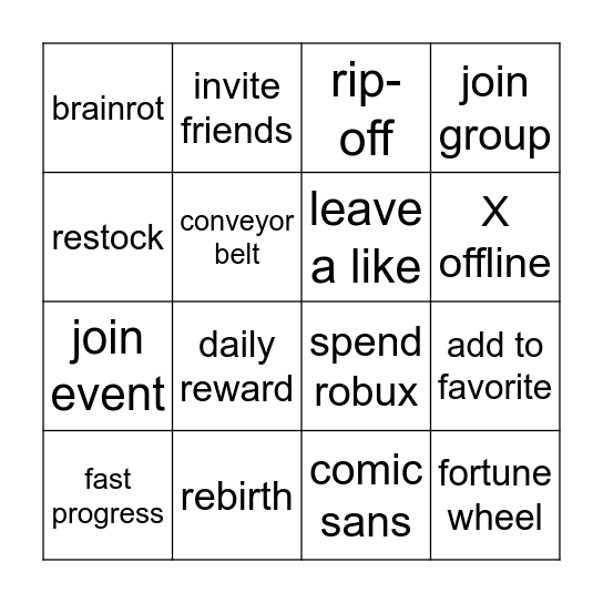 Roblox Game Bingo Card