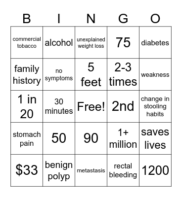 Colorectal Cancer Bingo Card