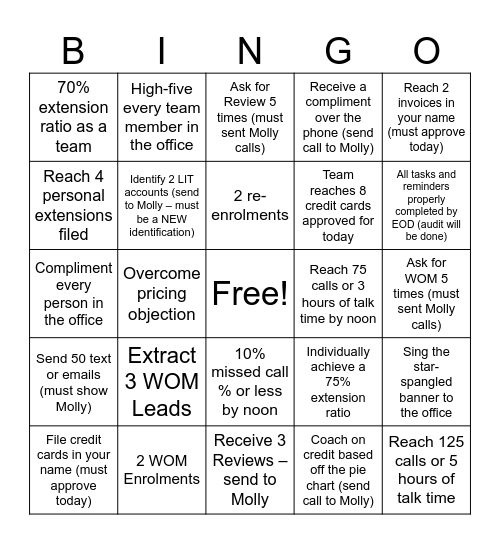 Customer Service Bingo Card